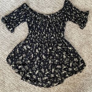 Free People Black Floral Smocked Blouse